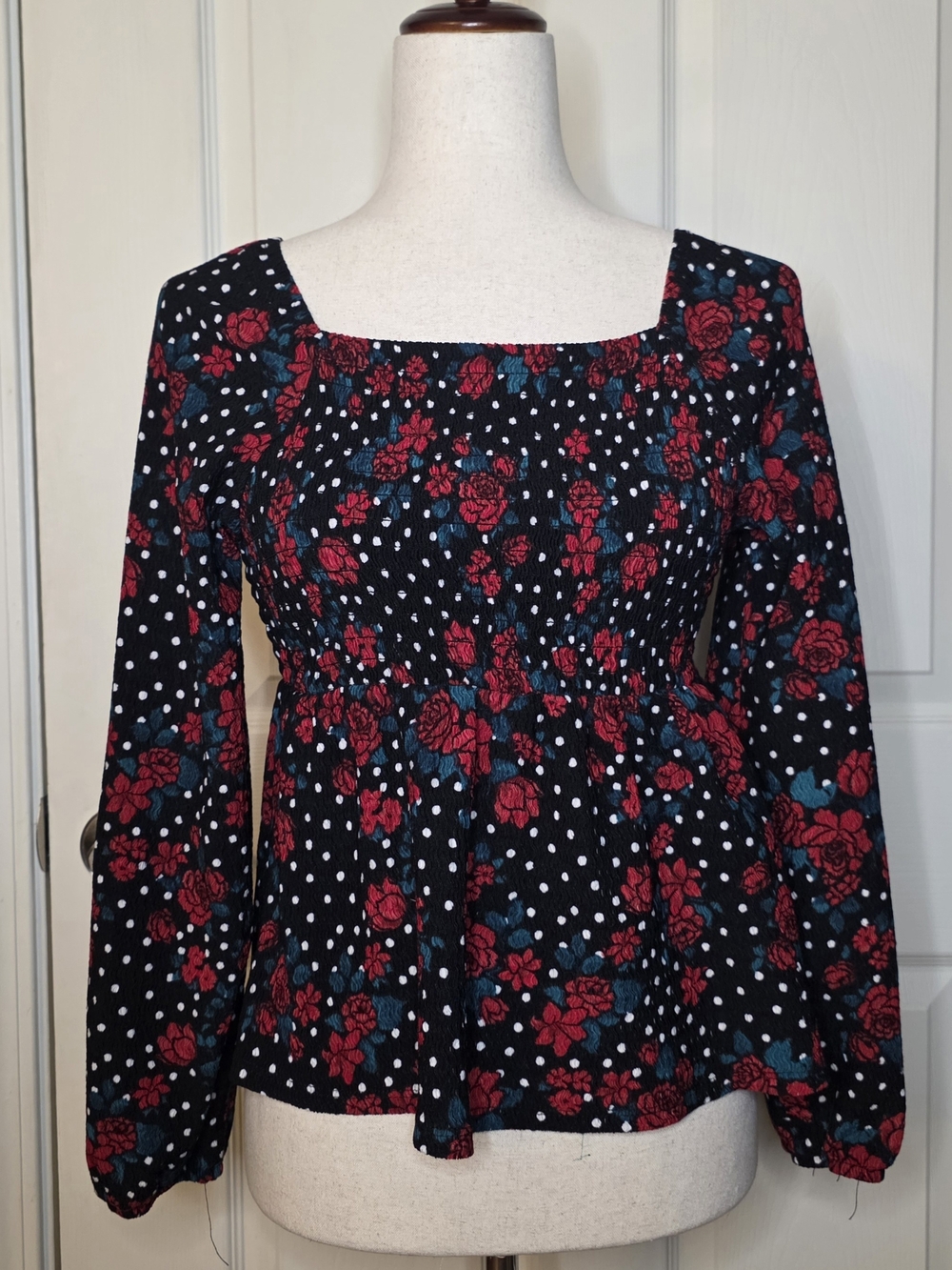 Y2K Self Esteem Black Floral Dot Babydoll Long Sleeve Peplum Top